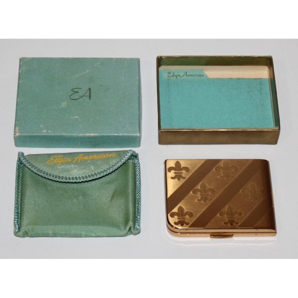 VTG Elgin American Compact w/ box, pouch & pamphlet - mirror USA fleur de lis